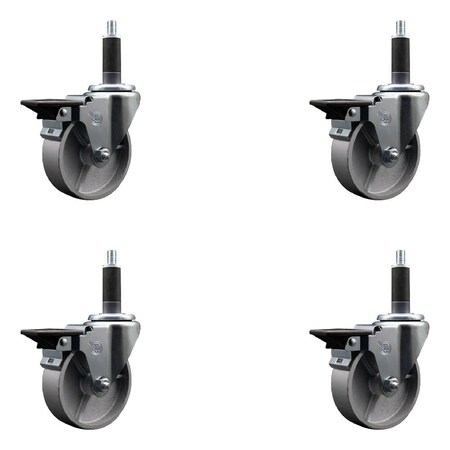 Service Caster 4'' Semi Steel Swivel 1'' Expanding Stem Caster Set with Brake, 4PK SCC-EX20S414-SSS-PLB-1-4